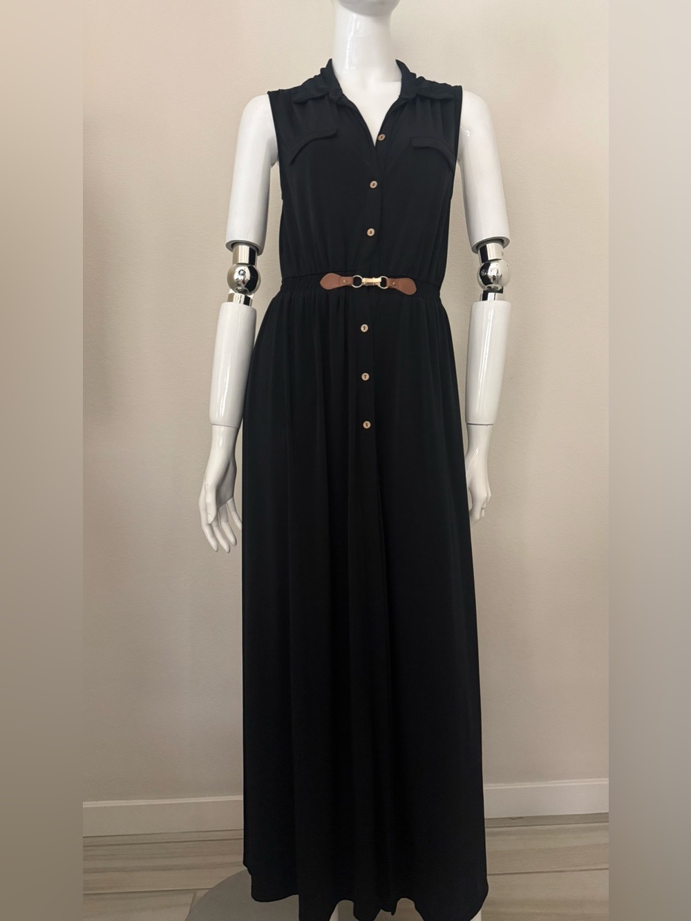 Sleeveless Black Maxi Shirt Dress with Brown Accent Belt